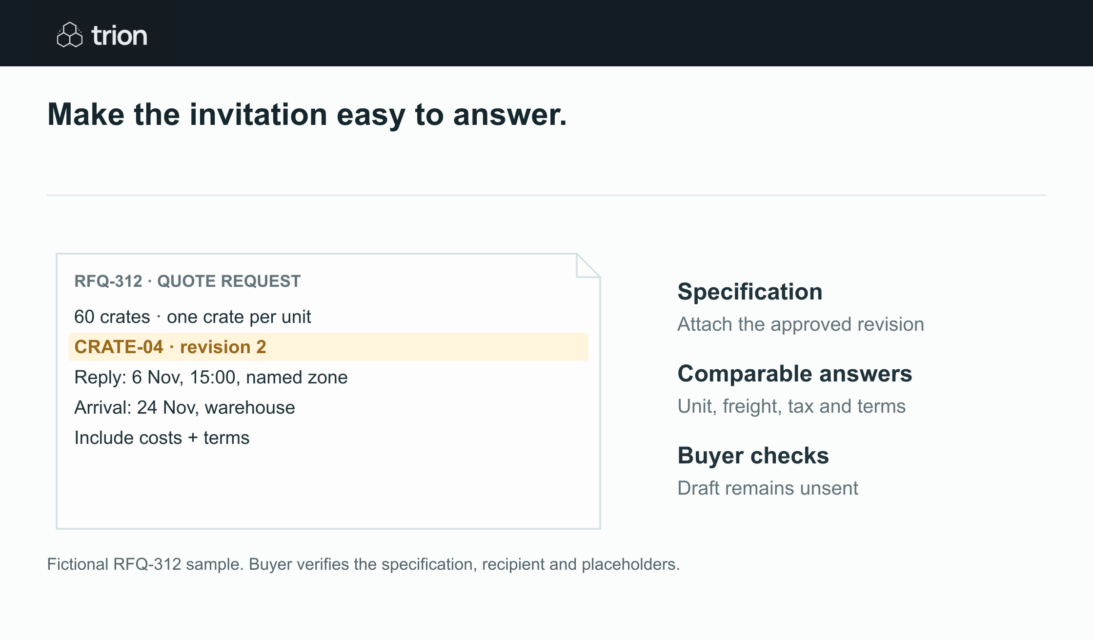 The approved specification and reply fields help suppliers provide comparable answers. A quote request is not an order.